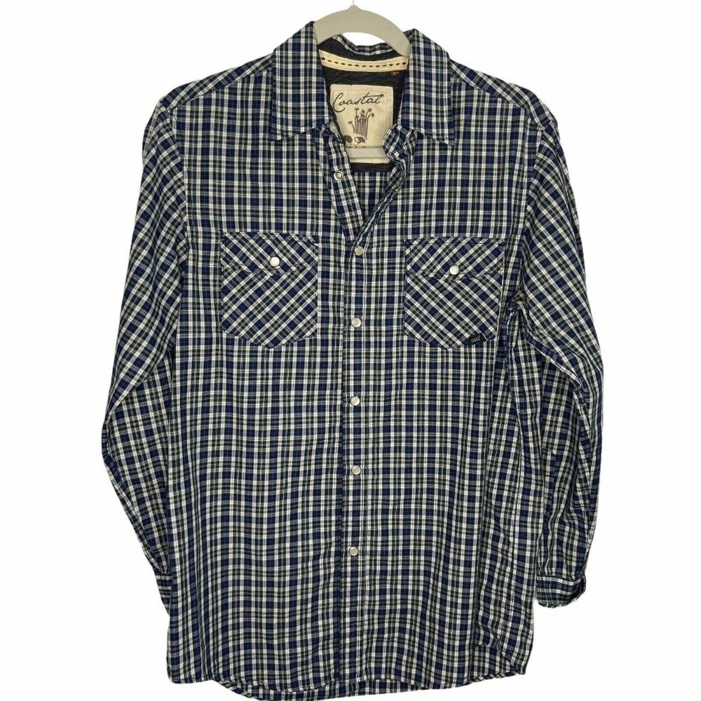 Coastal Pearl Snap Shirt Mens Small Blue Plaid Western Cowboy Long‎ Sleeve EUC